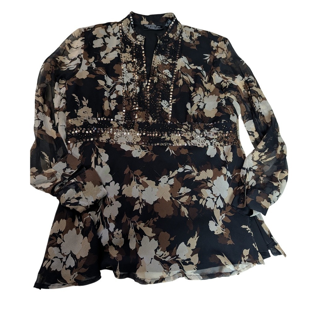 New York City Design Co. Silk Floral Embellished Tunic Top Blouse Women's Size L